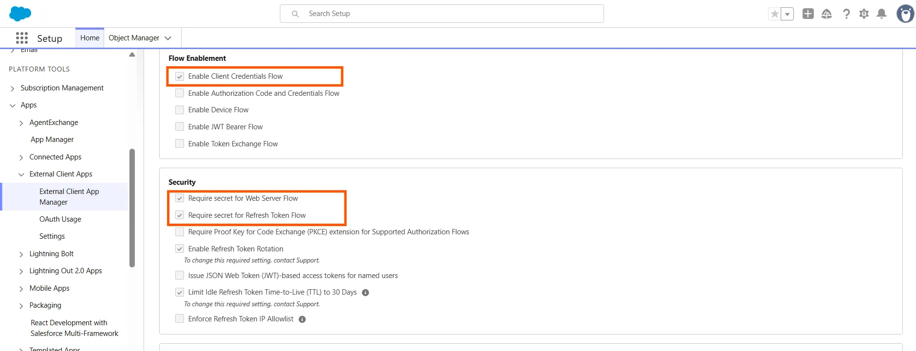 Aprovisionamiento de aplicaciones de Salesforce: sección de habilitación y seguridad de flujos
