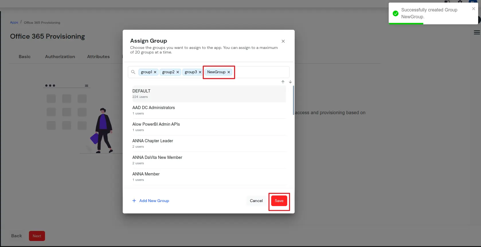 Office 365 provisioning: Save New Group