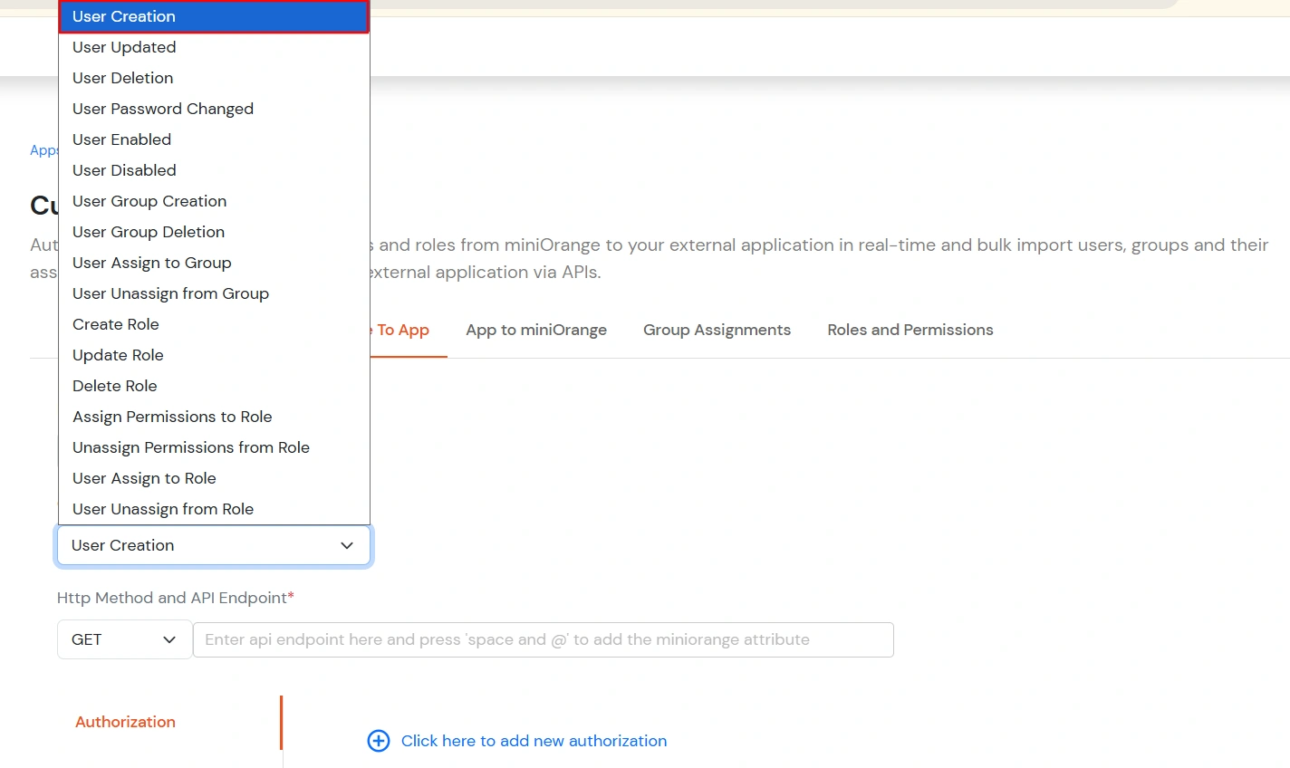 Custom Provisioning: Event Type set to User Creation