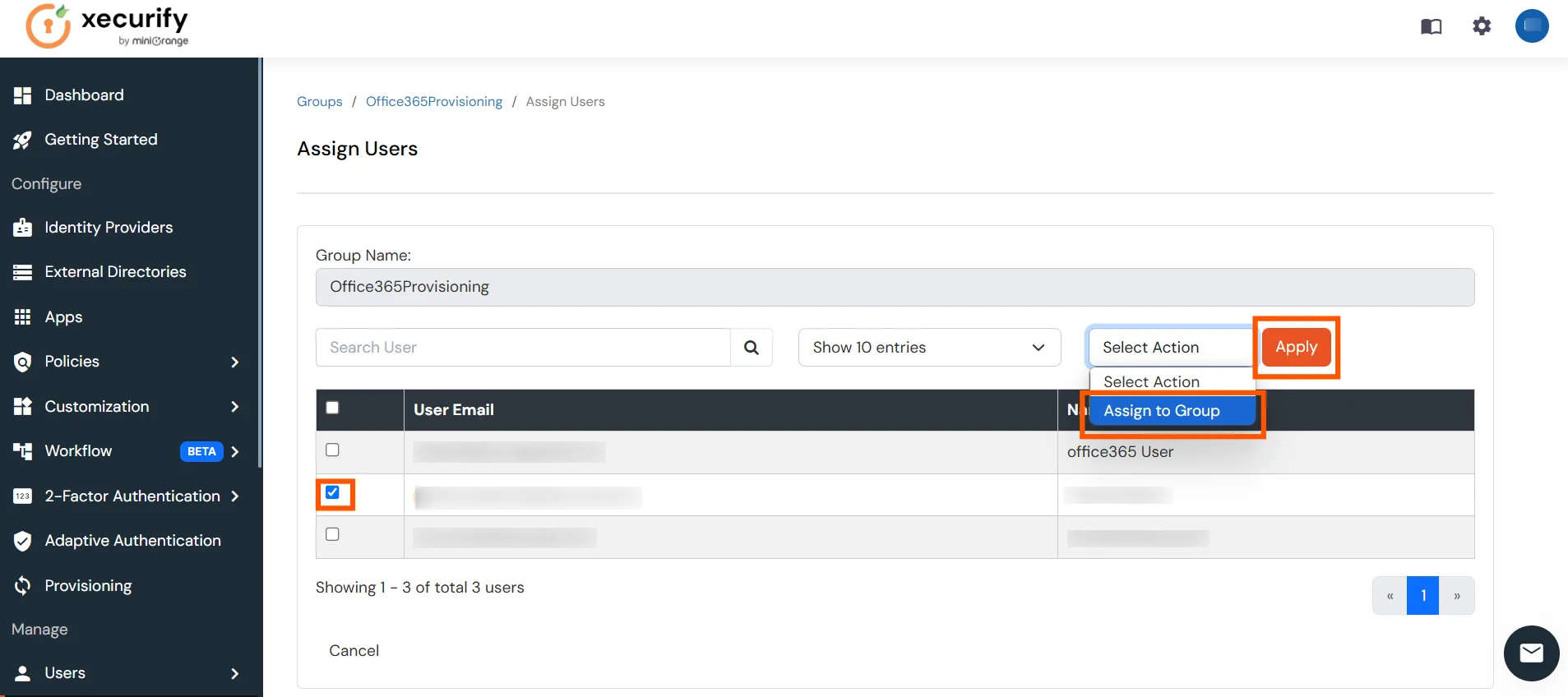 Selecting users and assigning them to provisioning group
