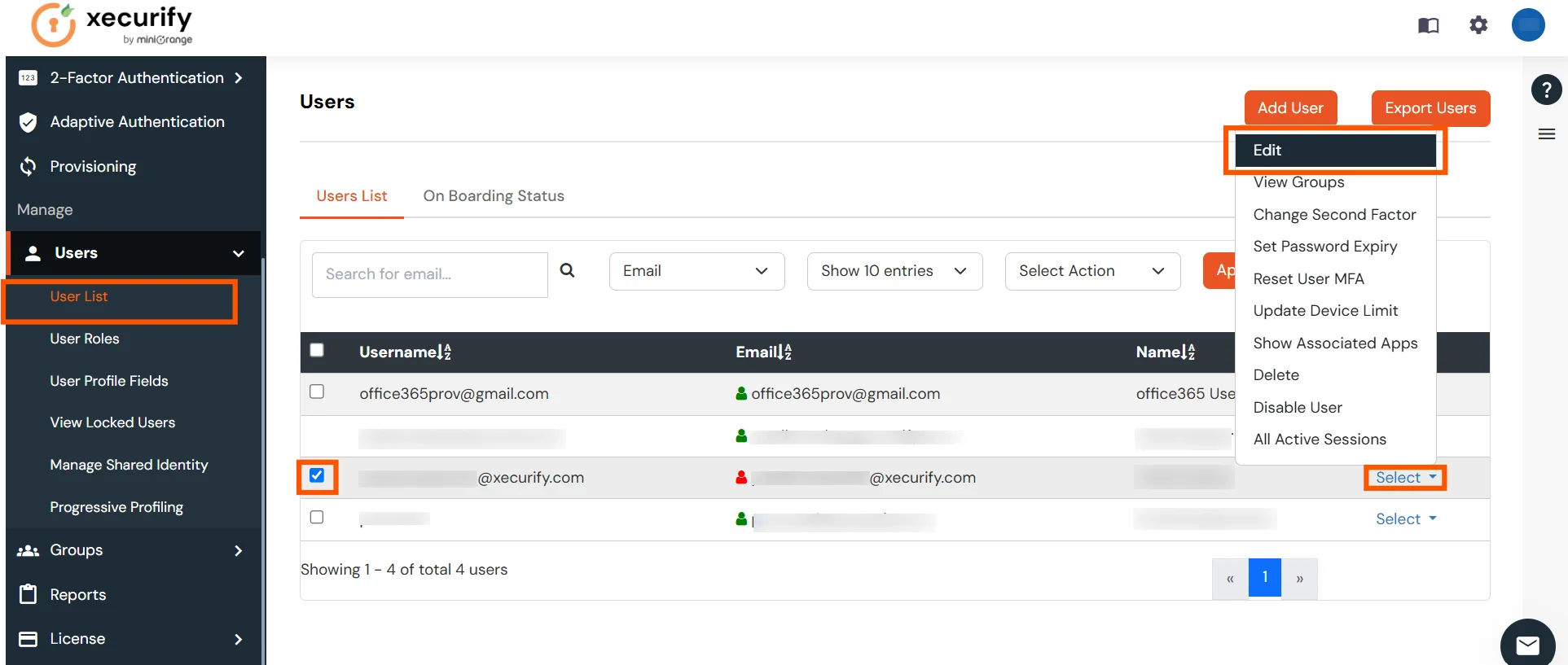 Selecting a user from the user list to edit details