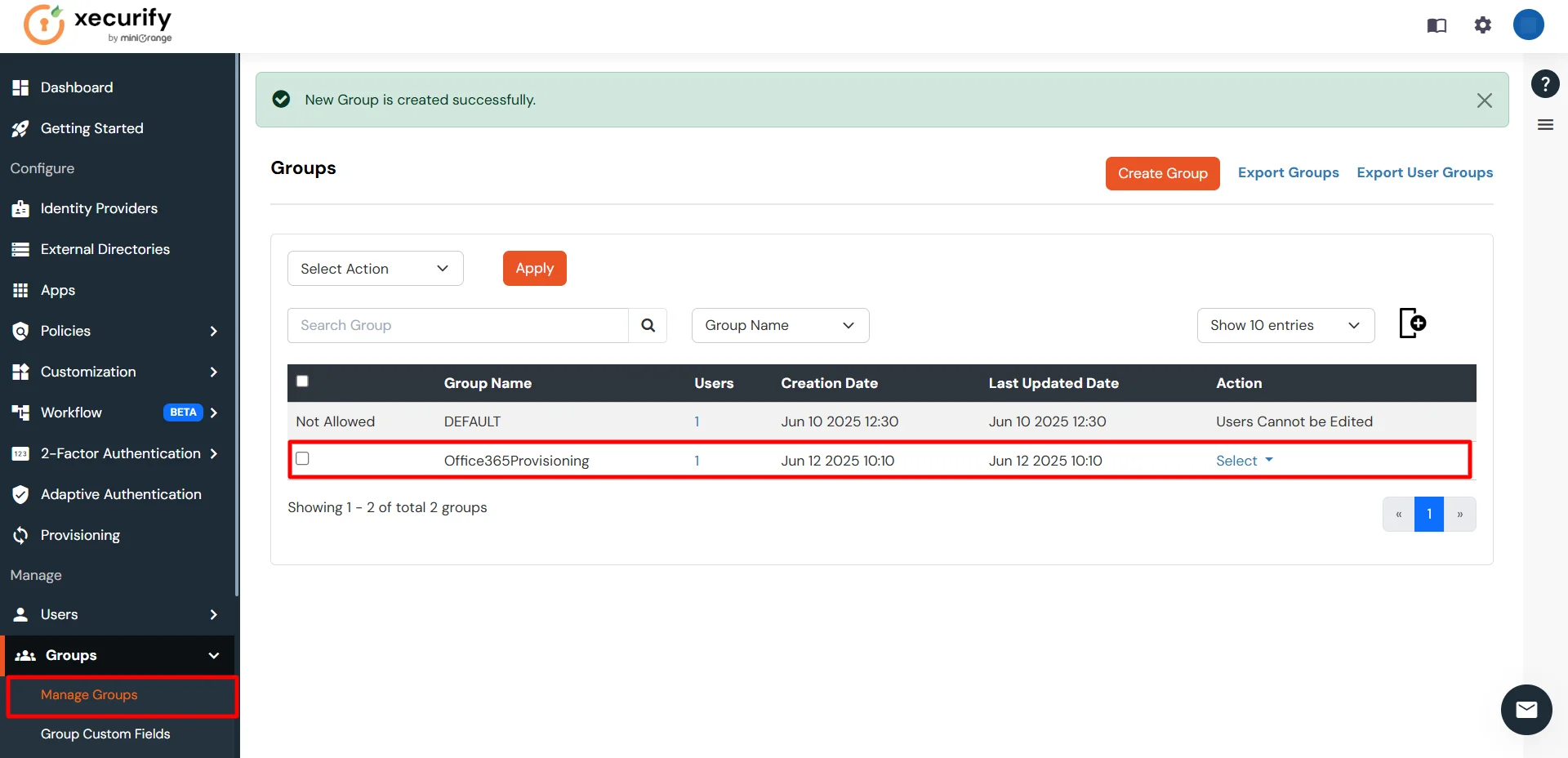 View of Manage Groups list with newly created group in miniOrange portal