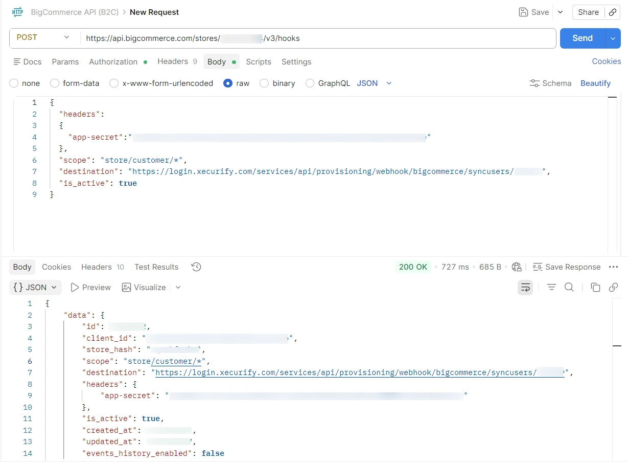 BigCommerce webhook: JSON request body with scope, destination, and app-secret headers