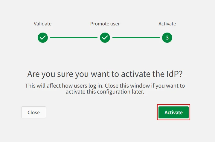 Qlik Cloud Single Sign On (SSO) click on activate to active the idp