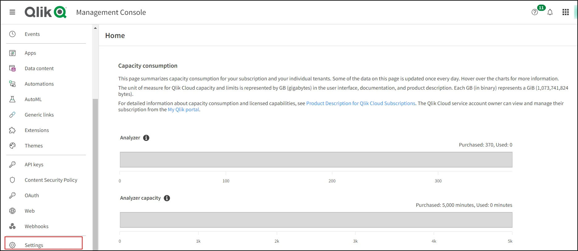 Qlik Cloud Single Sign On (SSO) click on Settings