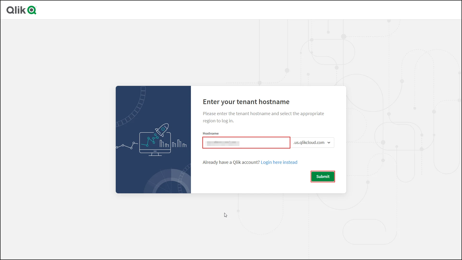 Qlik Cloud Single Sign-On (SSO) enter hostname and click submit