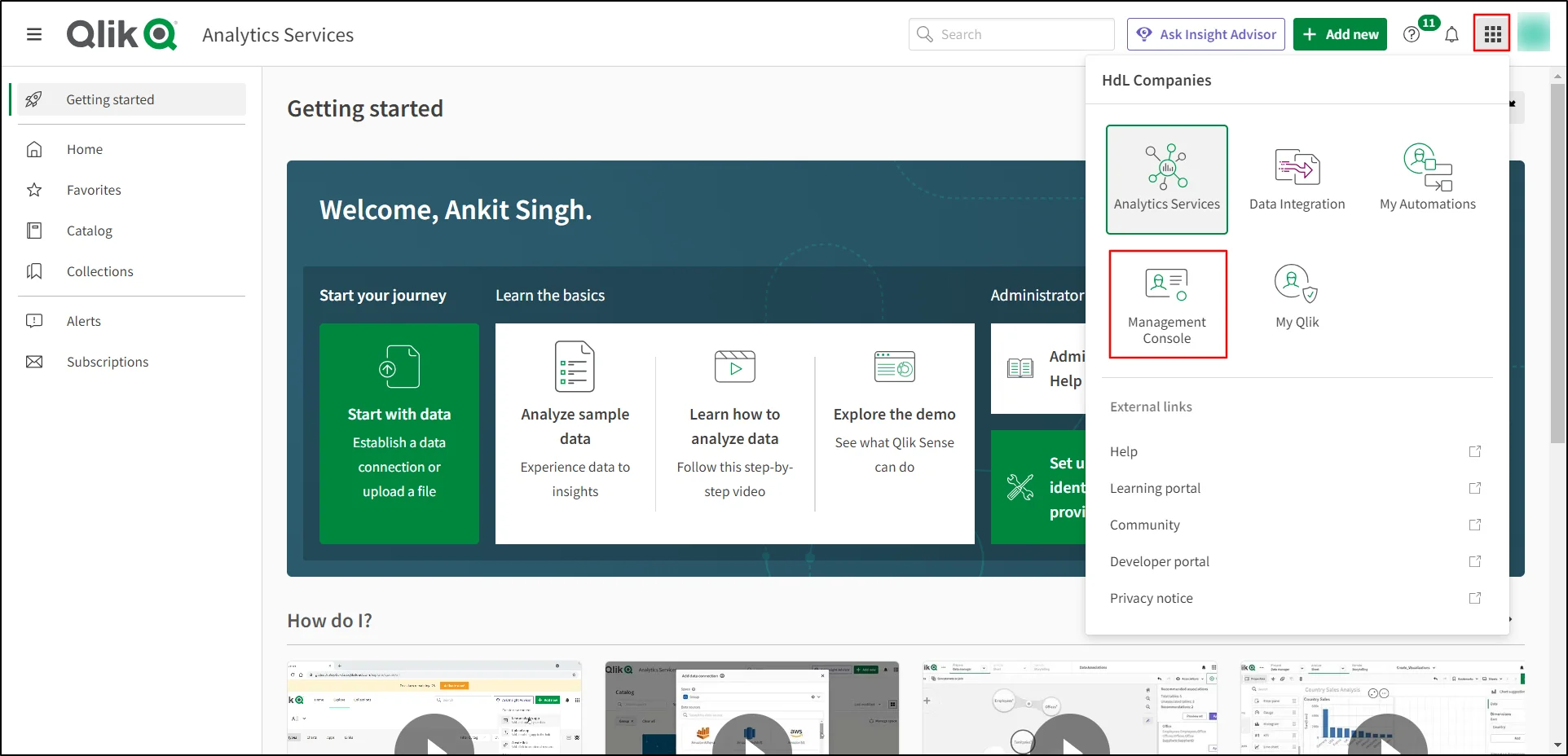Qlik Cloud Single Sign On (SSO) navigate to Menu and click on Management Console