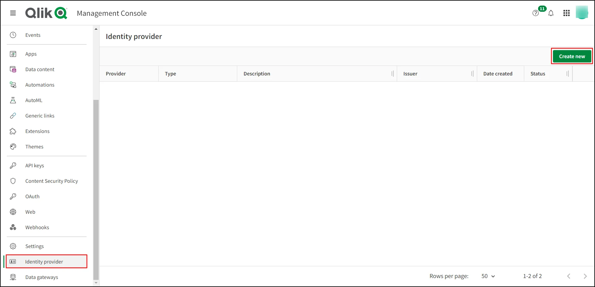 Qlik Cloud Single Sign On (SSO) Select Identity provider and click a create new