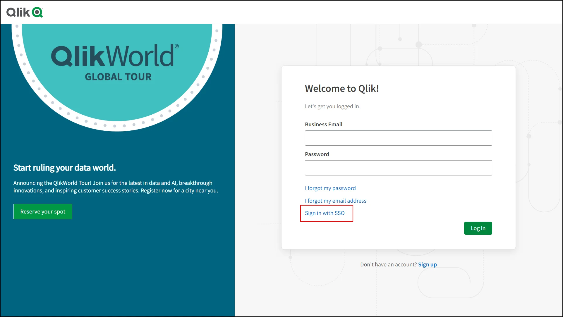 Qlik Cloud Single Sign-On (SSO) Click Sign in with SSO