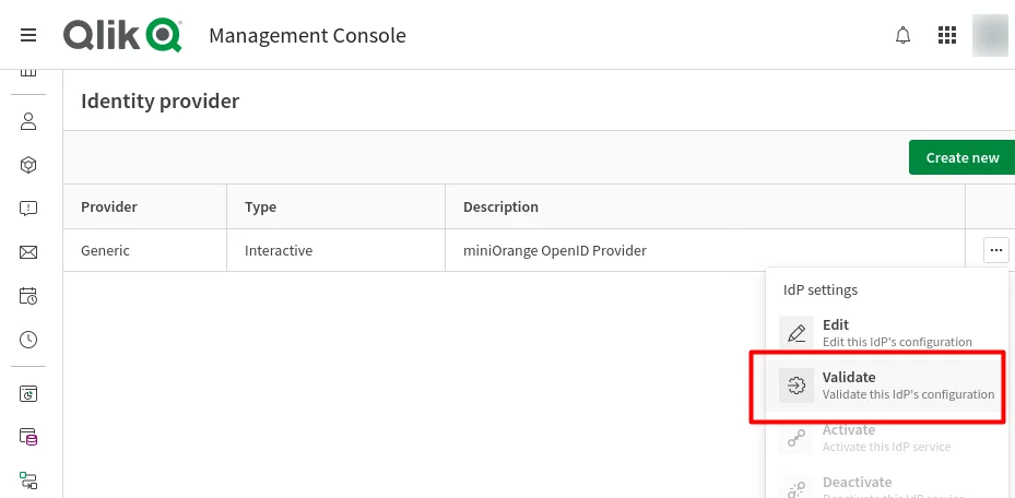 Qlik Cloud Single Sign On (SSO) click on three dot then click validate