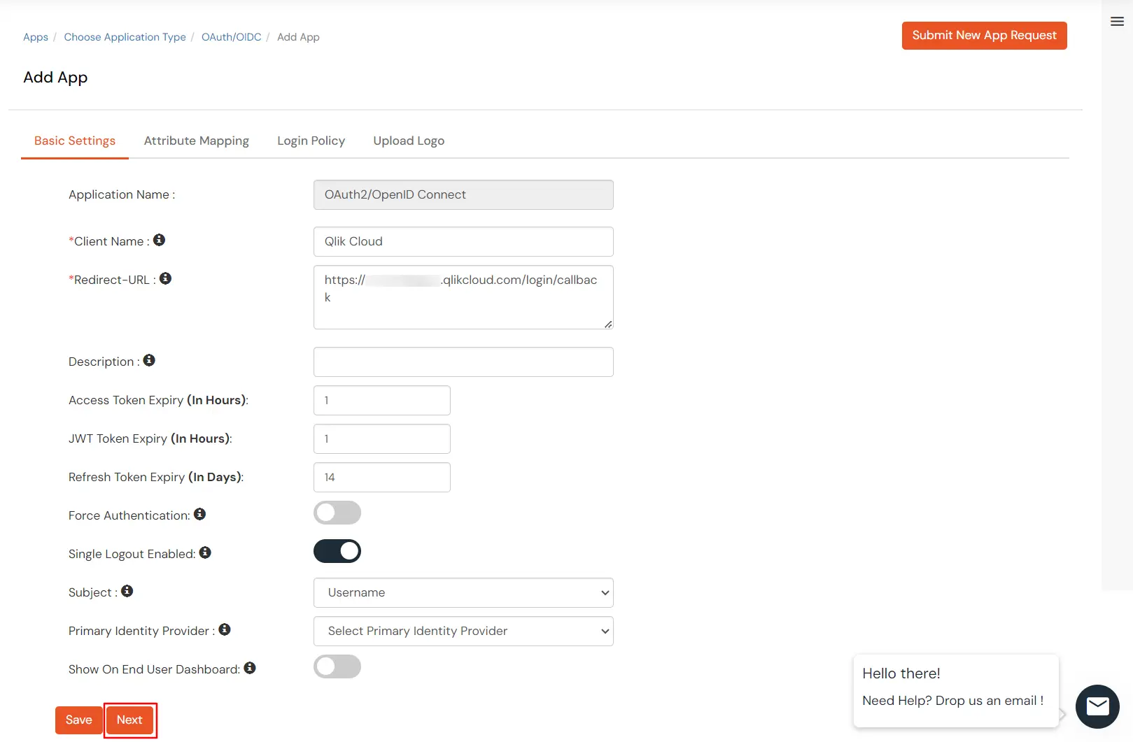 Qlik Cloud Single Sign-On (SSO) - Basic Settings, enter client name and redirect url 