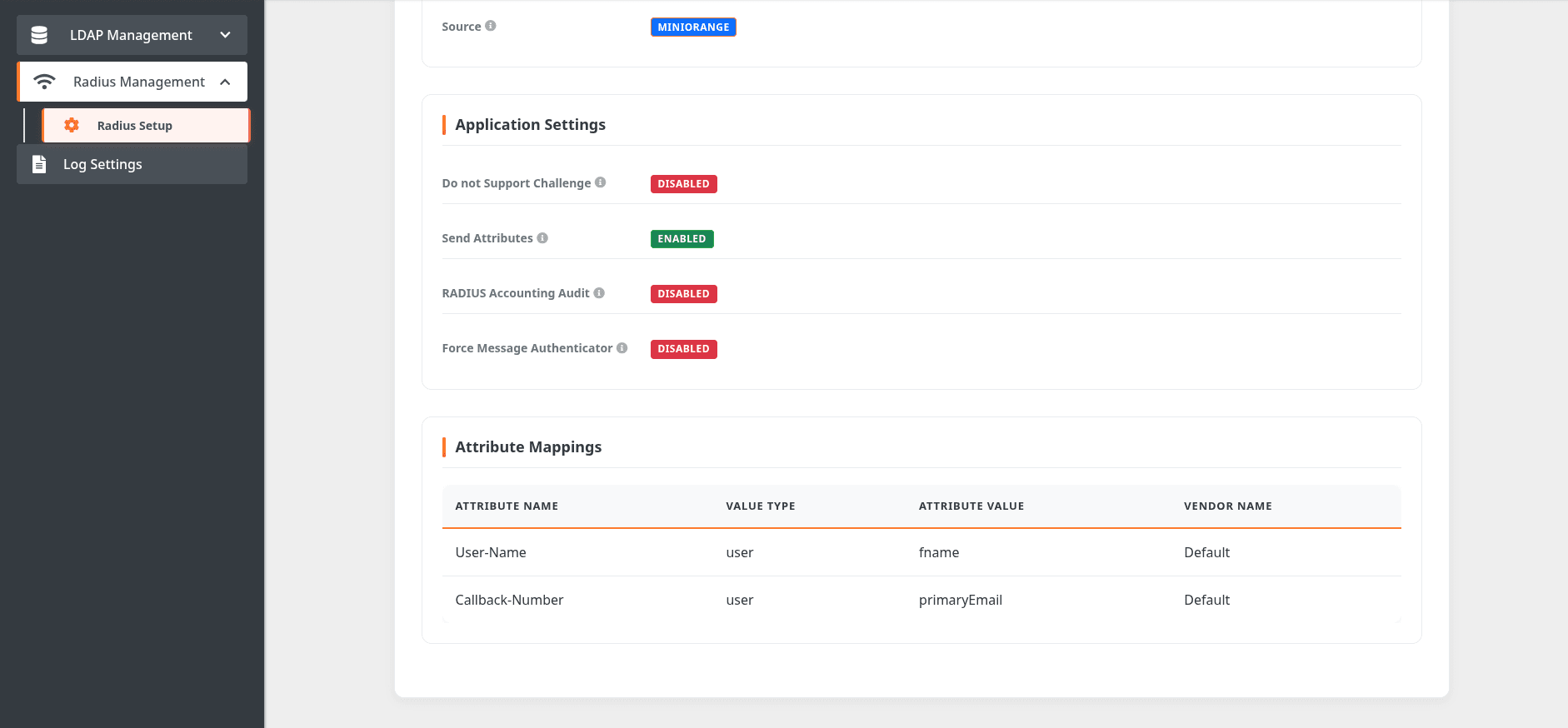 Configure Radius Proxy: View Application Settings