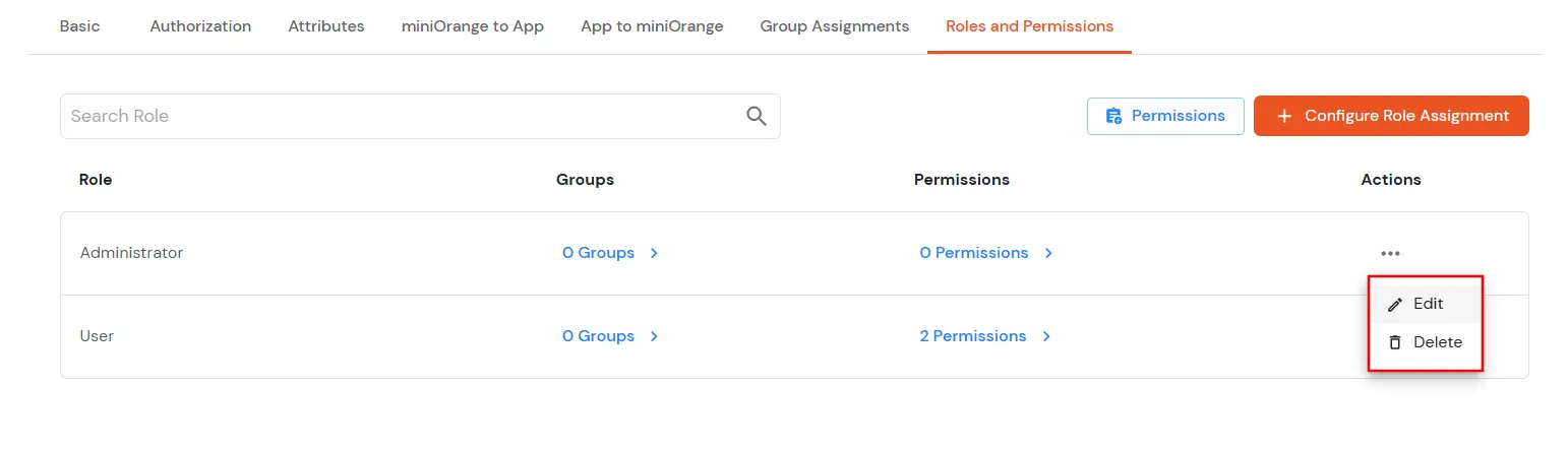 Aktionsmenü für Rolle