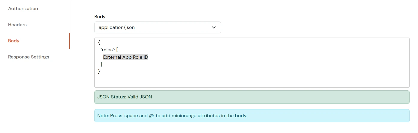 Roles and Permissions APIs: Add Request Body