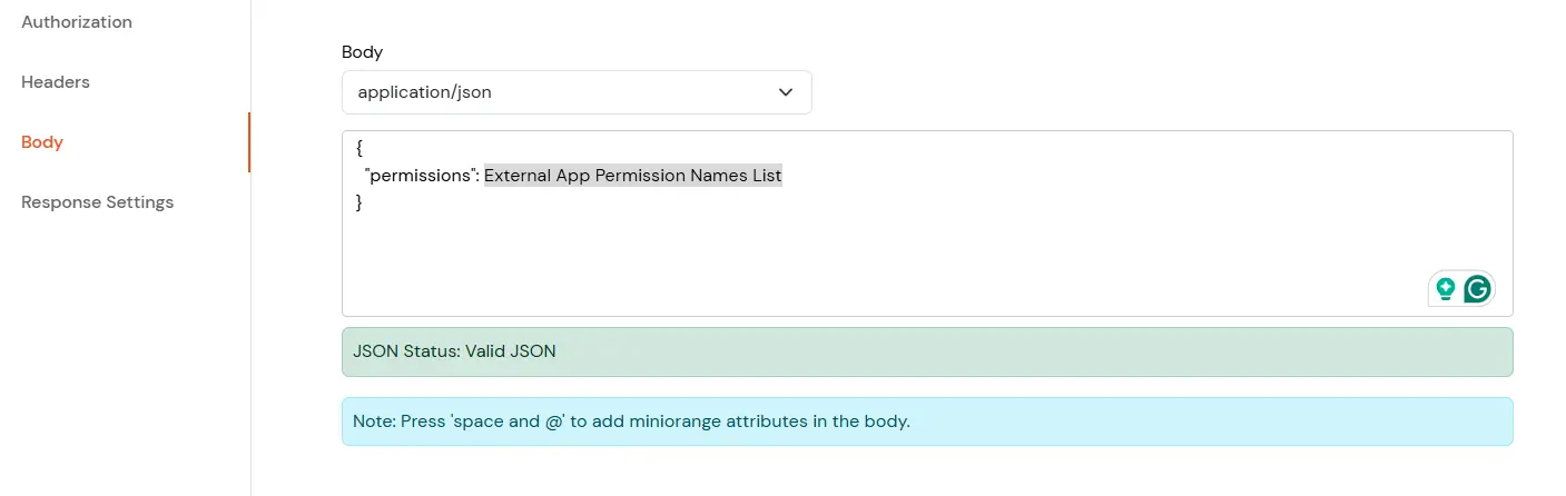Roles and Permissions APIs: Configure Request Body