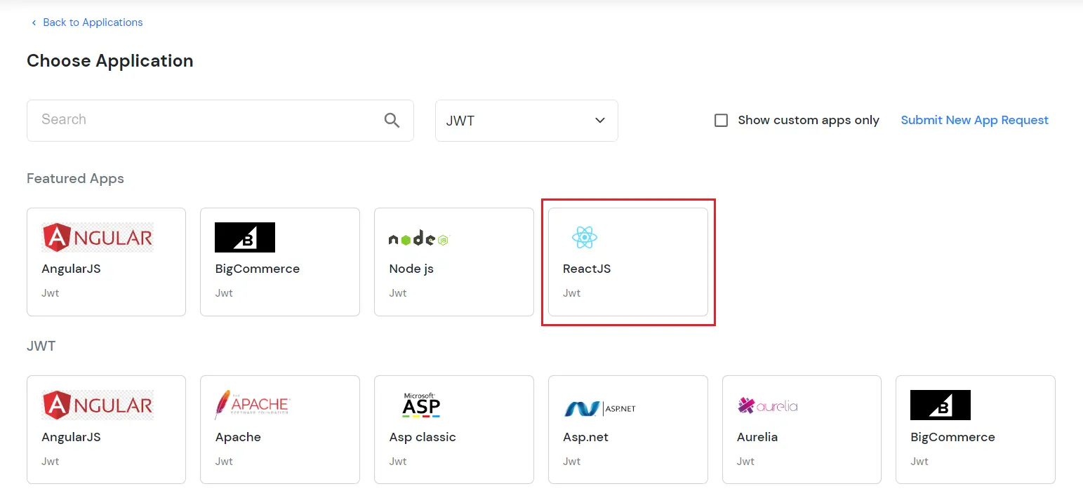 Configure JWT application: Search React JWT application