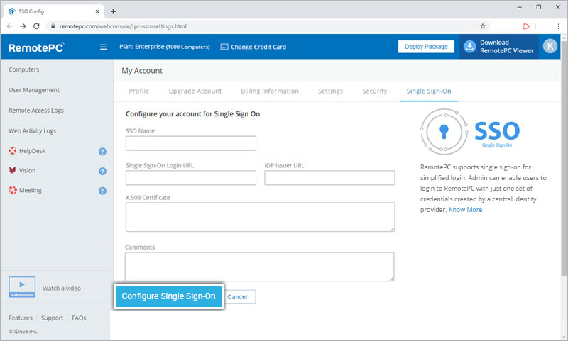 RemotePC Single Sign On (sso) import metadata values