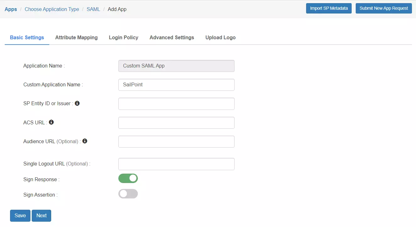 SailPoint Single Sign-On (sso) Add IdP basic settings