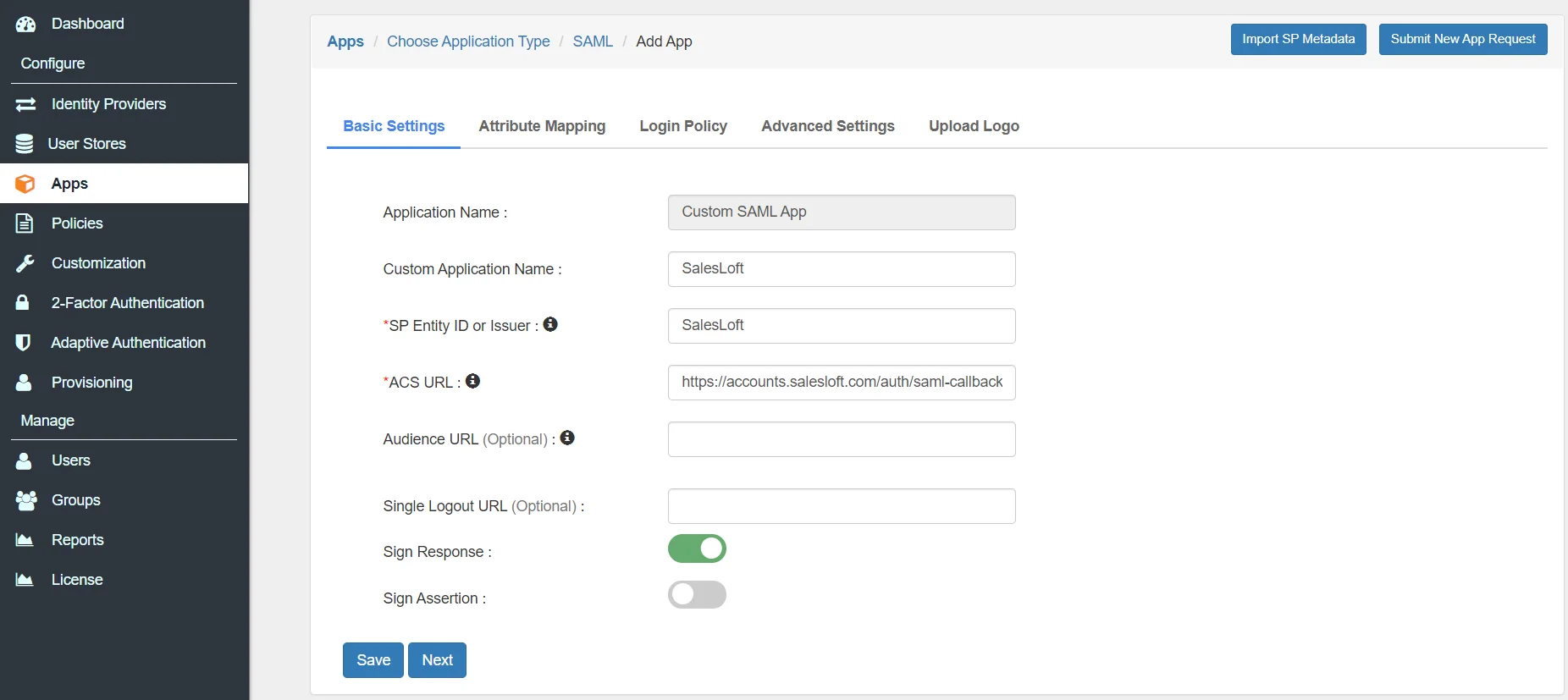 SalesLoft Single Sign On (sso) Add IDP