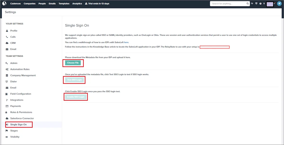 SalesLoft Single Sign On (sso) import metadata values