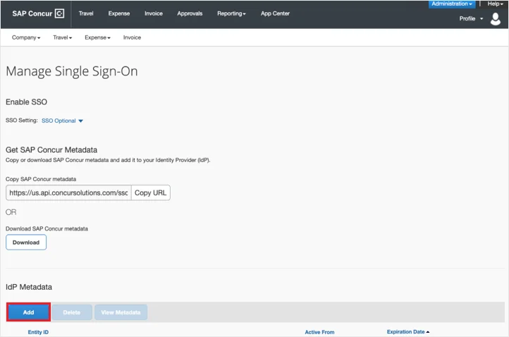 Configure SAP Concur Single Sign-On (SSO): Get Metadata