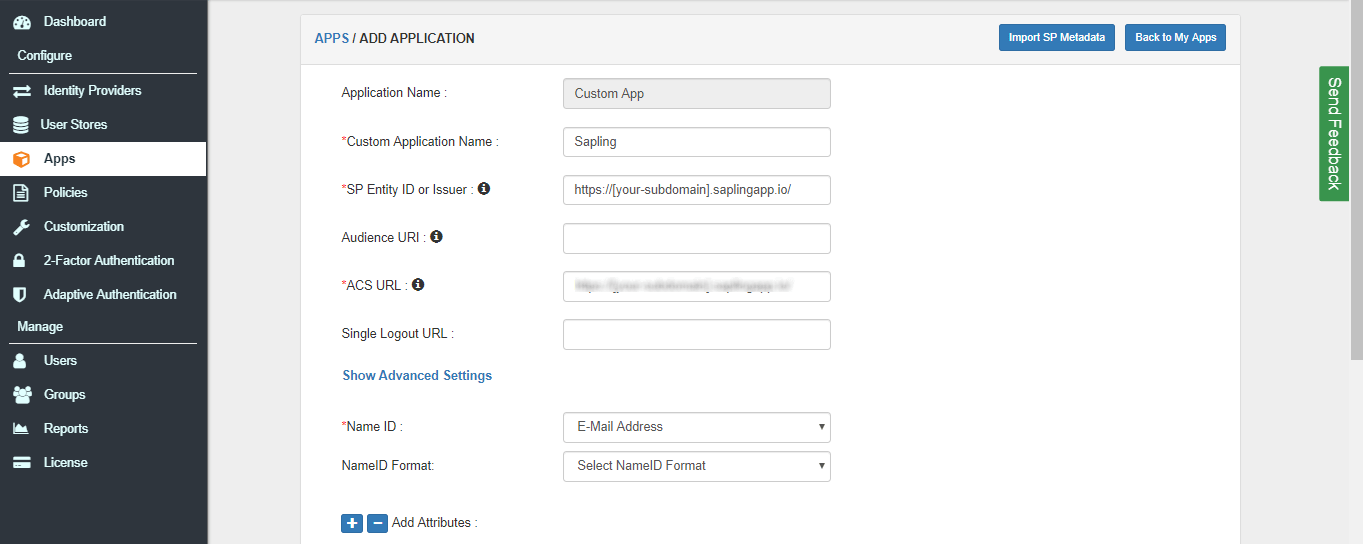 sapling  saml sso app configure