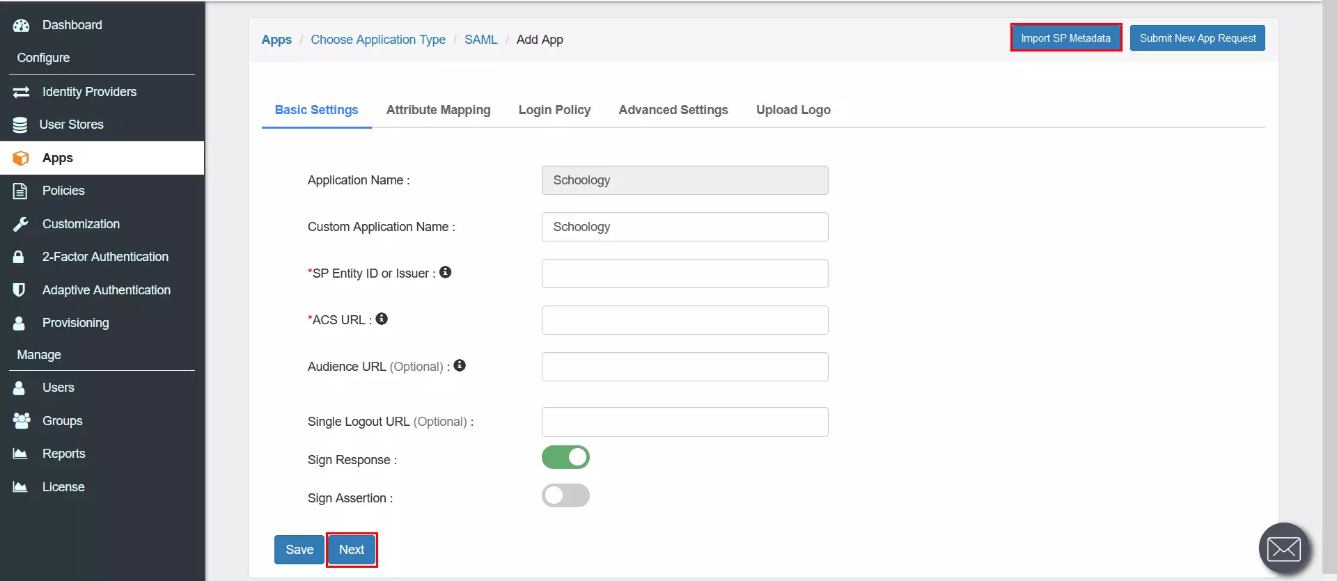 Schoology Single Sign On (sso) metadata link