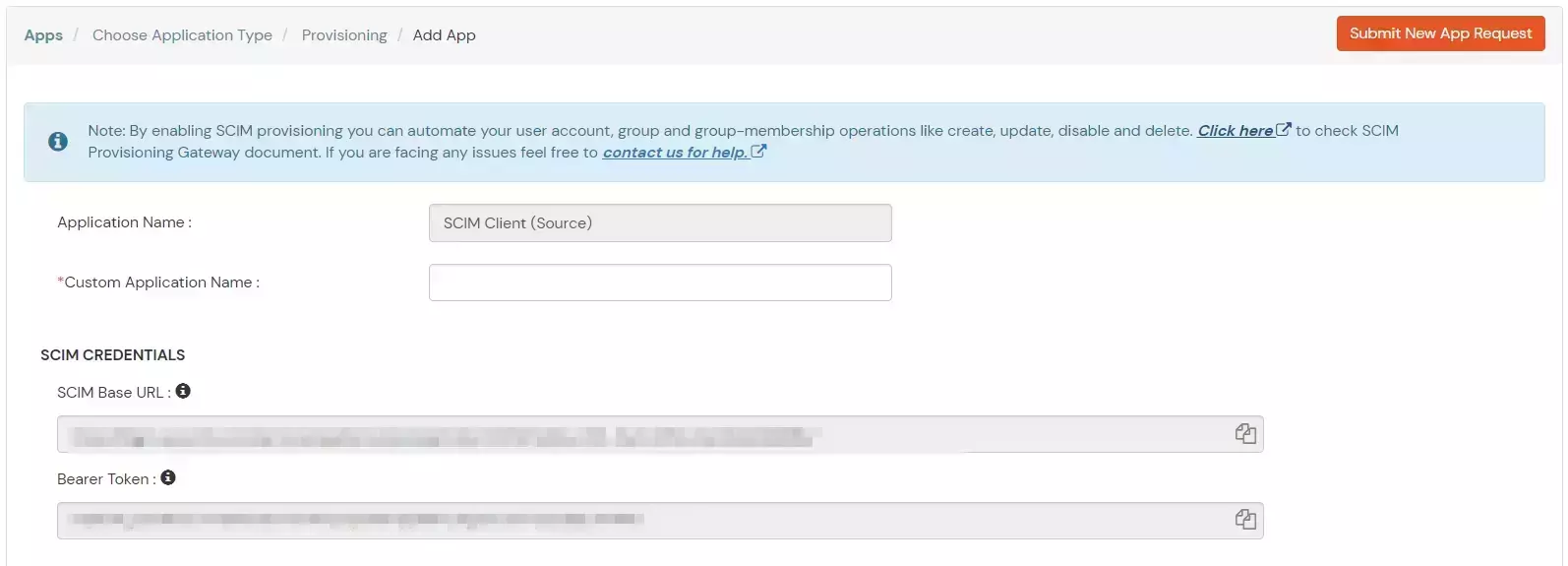 Add app name and copy SCIM credential URL