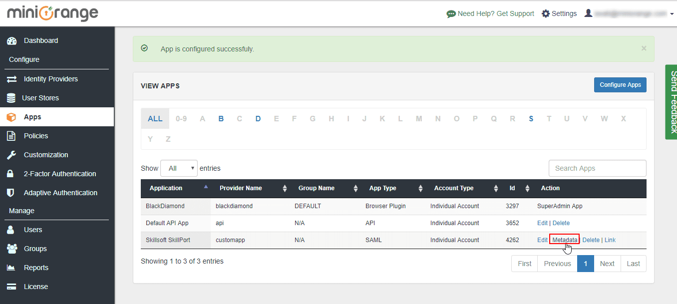 Skillsoft Single Sign On (sso) click metadata link