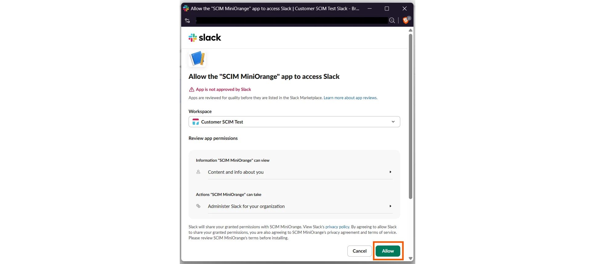 Slack SCIM Provisioning setup - authorize miniOrange Slack SCIM app access