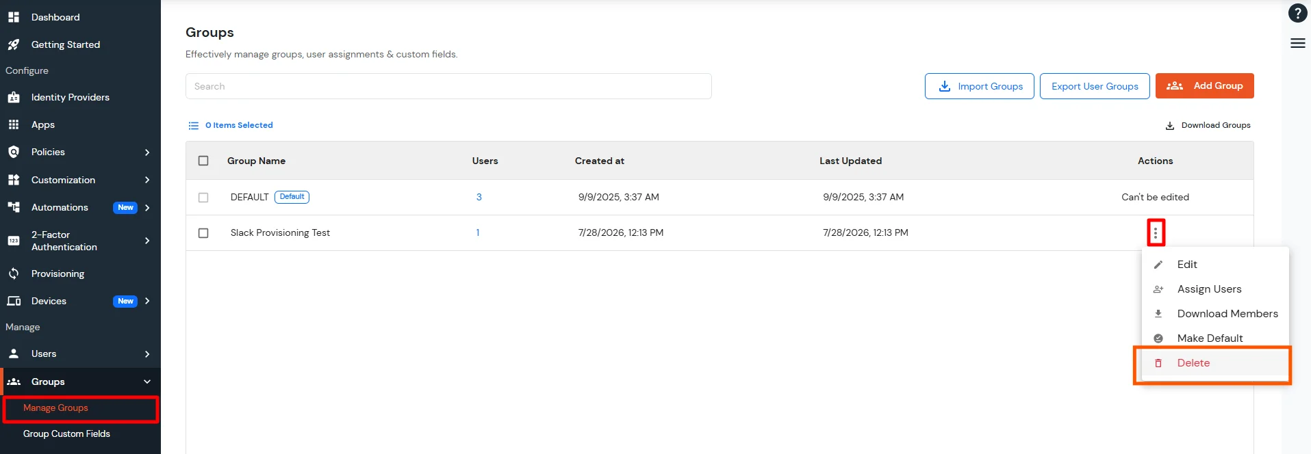 Slack SCIM group deprovisioning - delete group from miniOrange and Slack