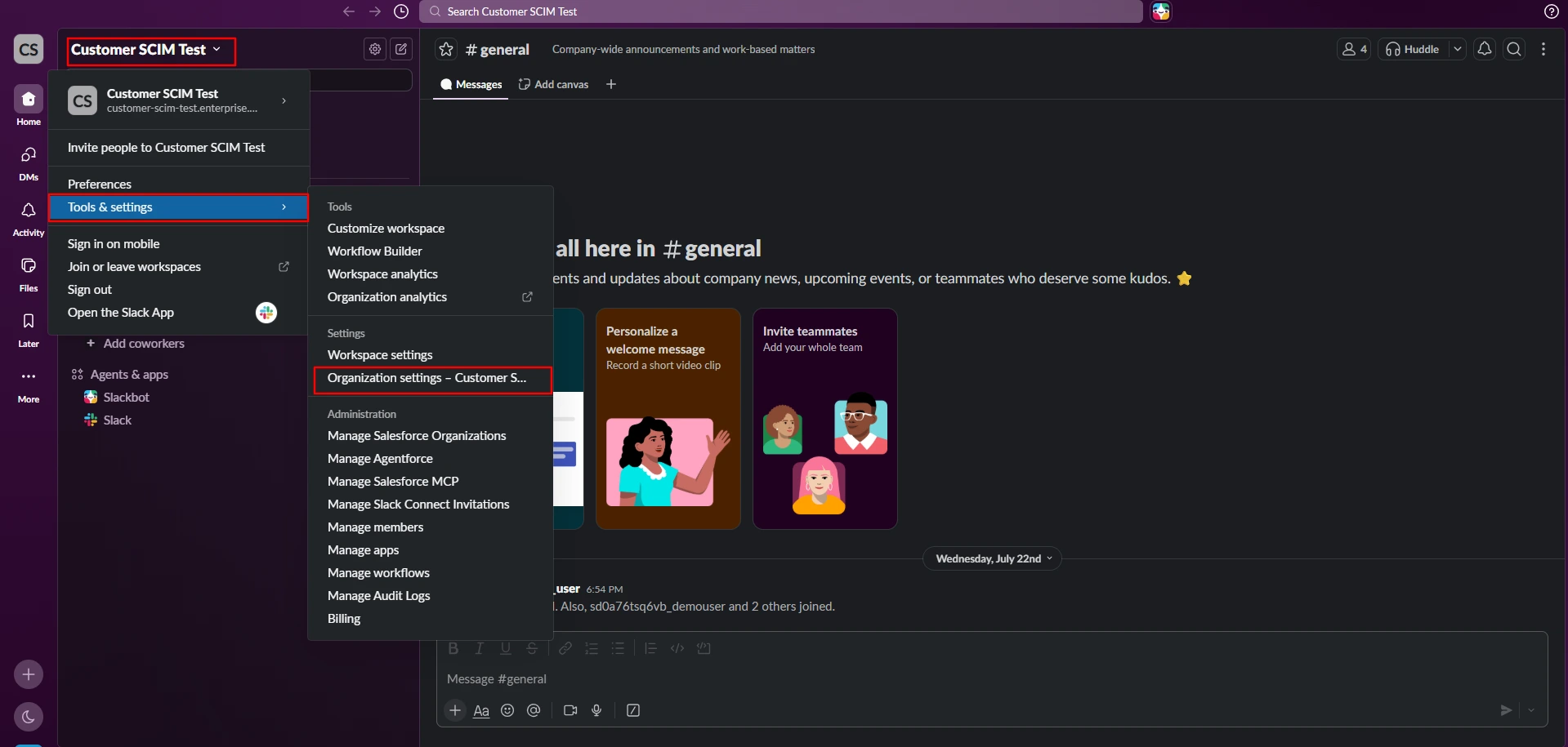 Slack organization settings