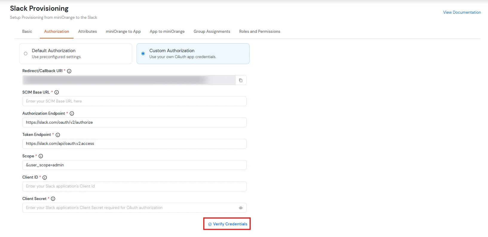 Slack SCIM Provisioning setup - select custom authorization for custom authorization