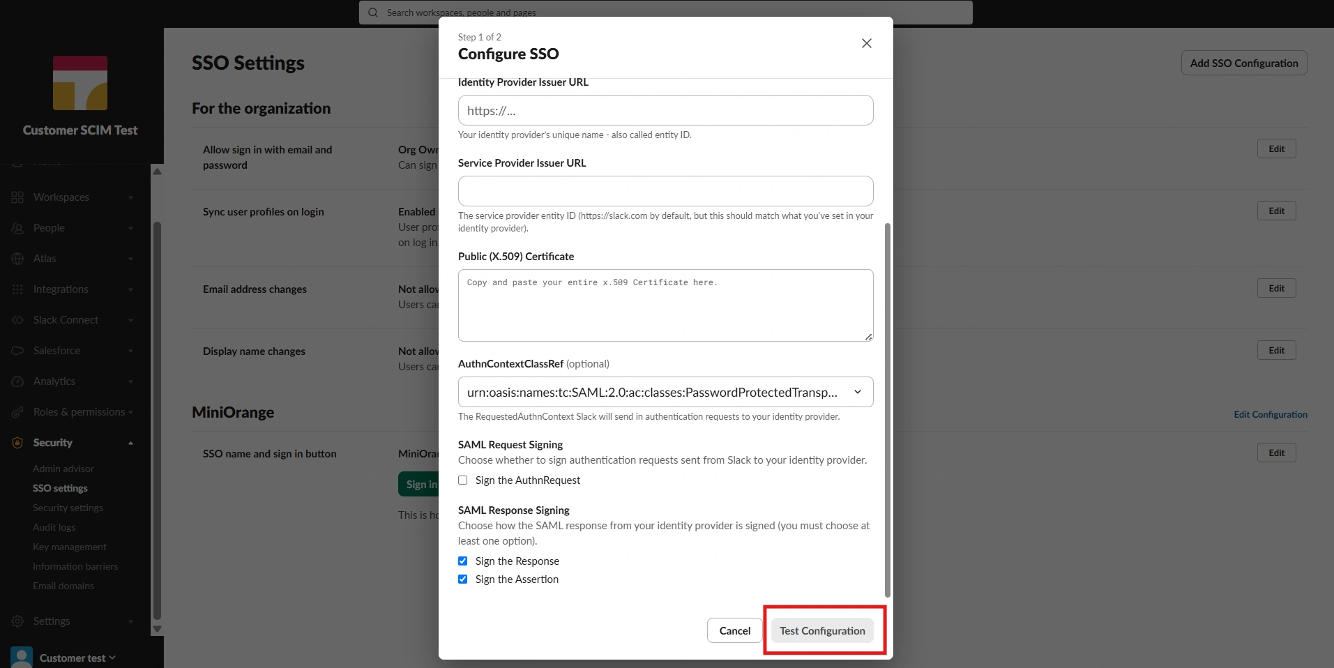 Slack Test configuration