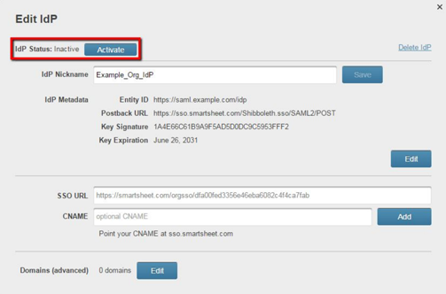 Smartsheet Single Sign On (sso) click Activate to activate IDP