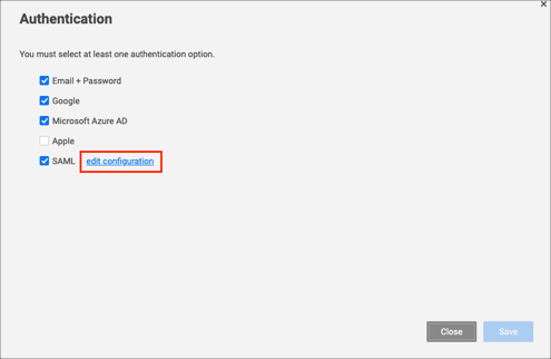 Smartsheet Single Sign On (sso) click SAML > edit configuration link