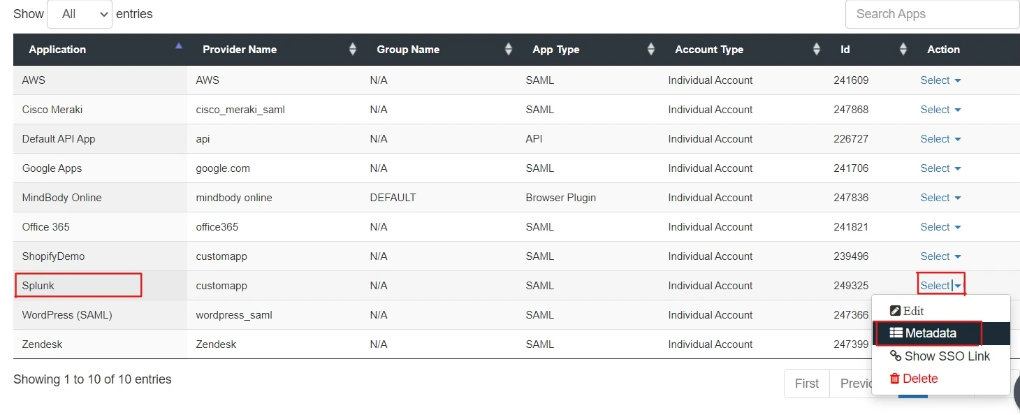 Splunk Single Sign-On (sso) Configurations: Select Metadata