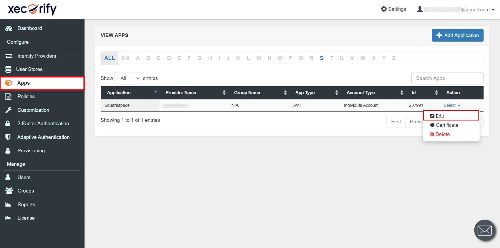 Squarespace Single Sign-On (SSO): Edit application to get secret key