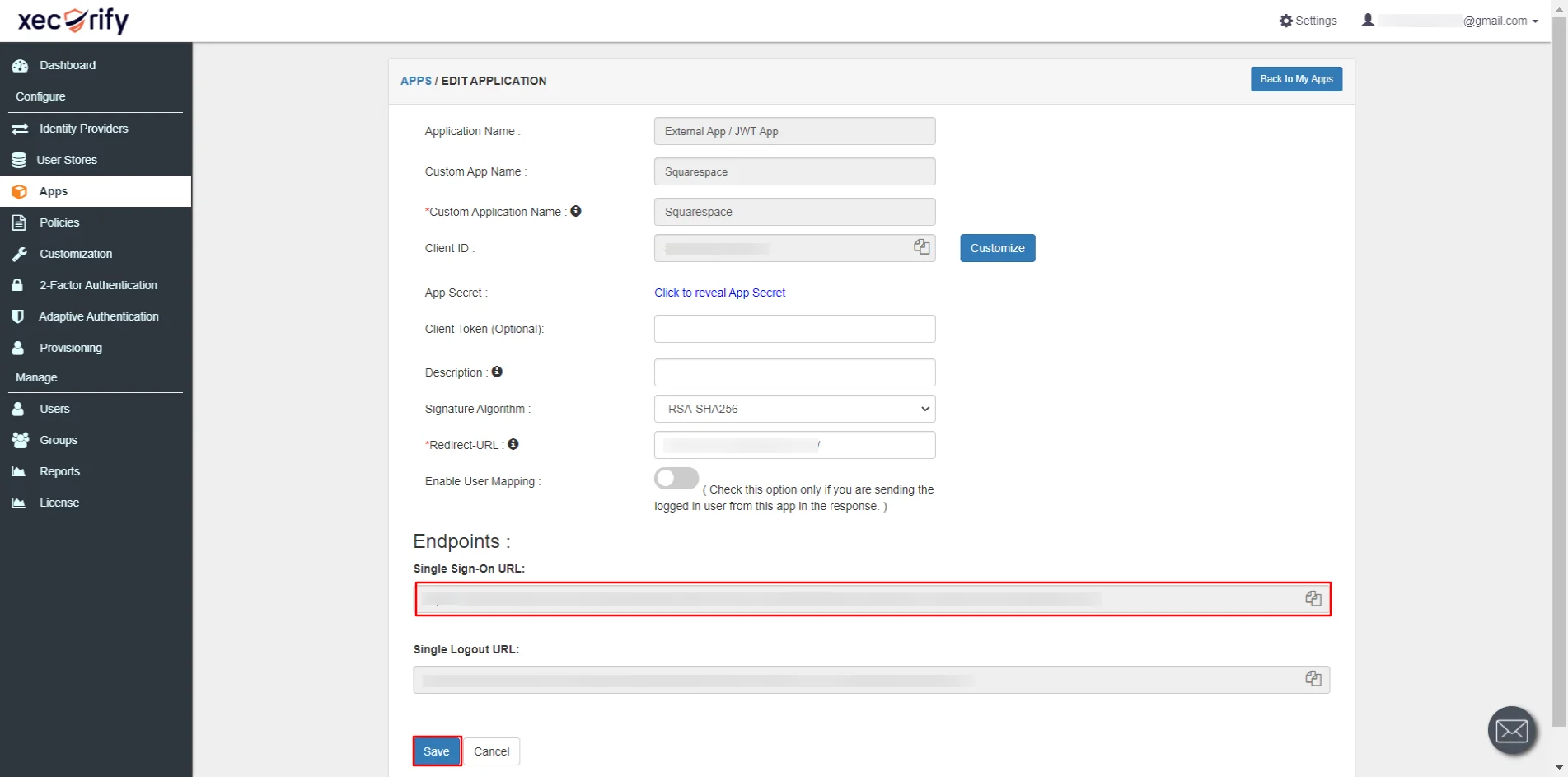 Squarespace Single Sign-On (SSO): Configure application