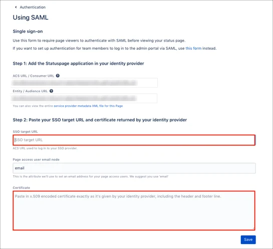 StatusPage Single Sign On (sso) import metadata values