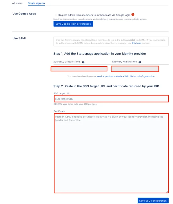 StatusPage Single Sign On (sso) import metadata values