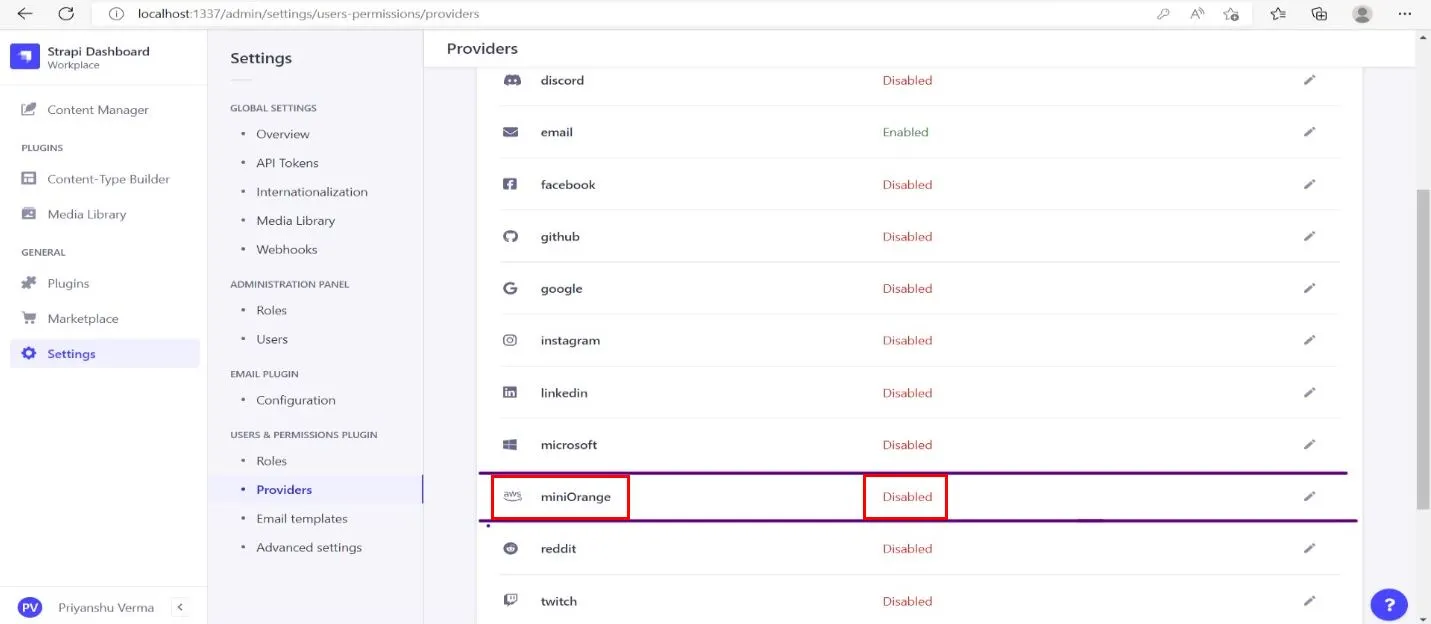 Strapi Single Sign On SSO: Add miniOrange IDP