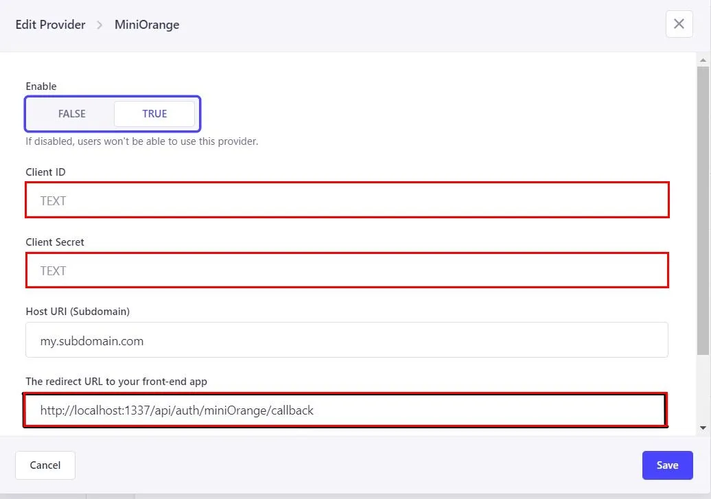 Strapi Single Sign On SSO: Fill miniOrange details