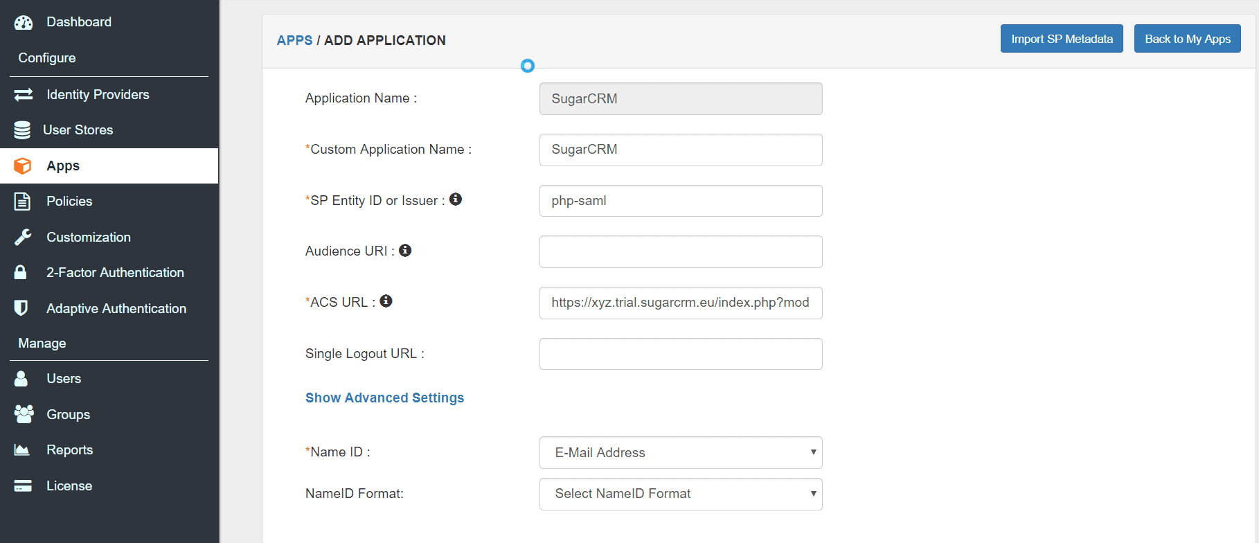 Sugarcrm Single Sign On (SSO) configuration steps