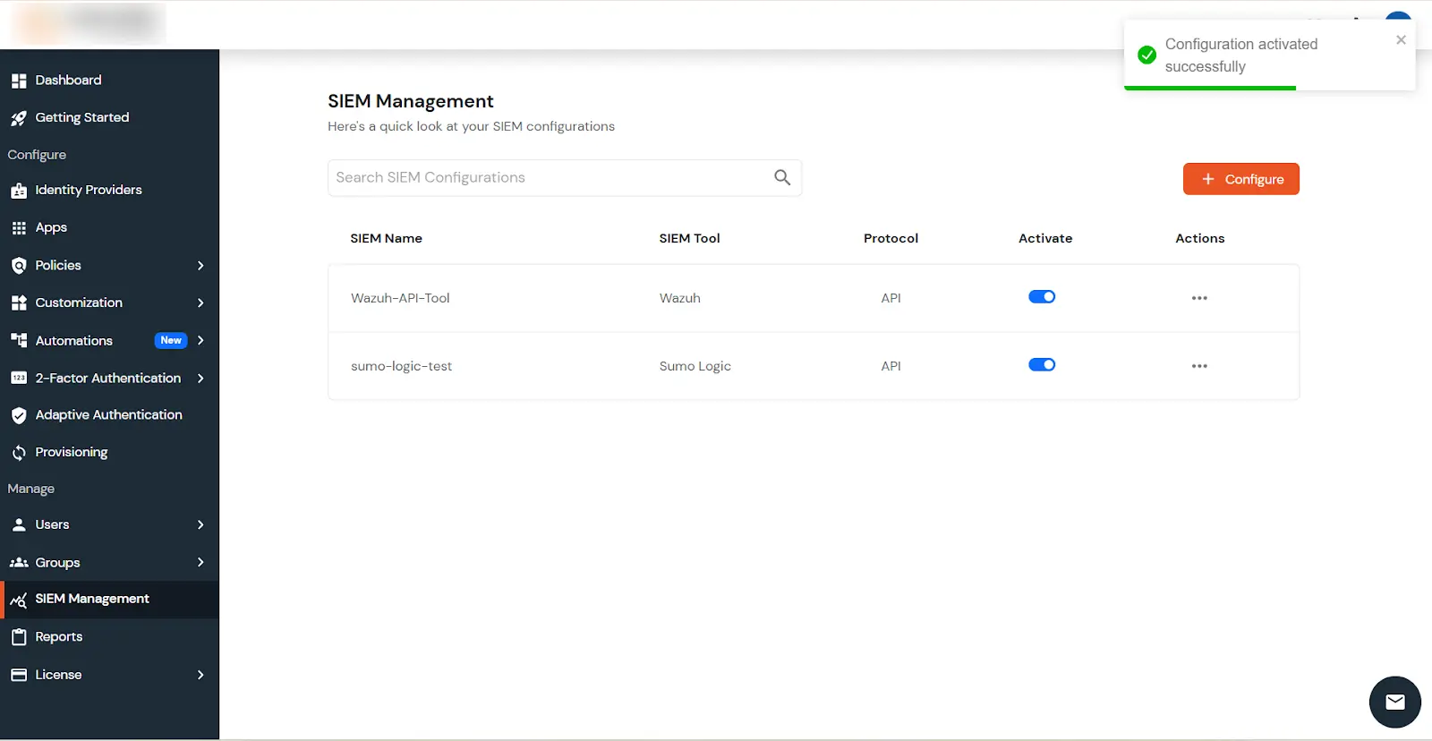 miniOrange Partner Portal Handbook: Configuration Activated Successfully