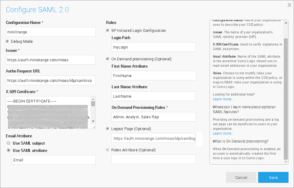 SumoLogic Single Sign On (sso) enter configuration details