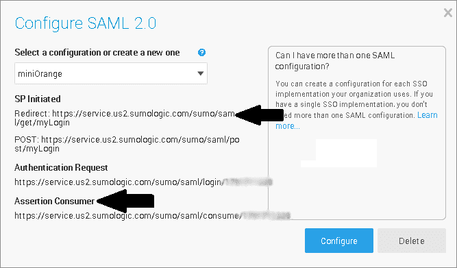 SumoLogic Single Sign On (sso) security section