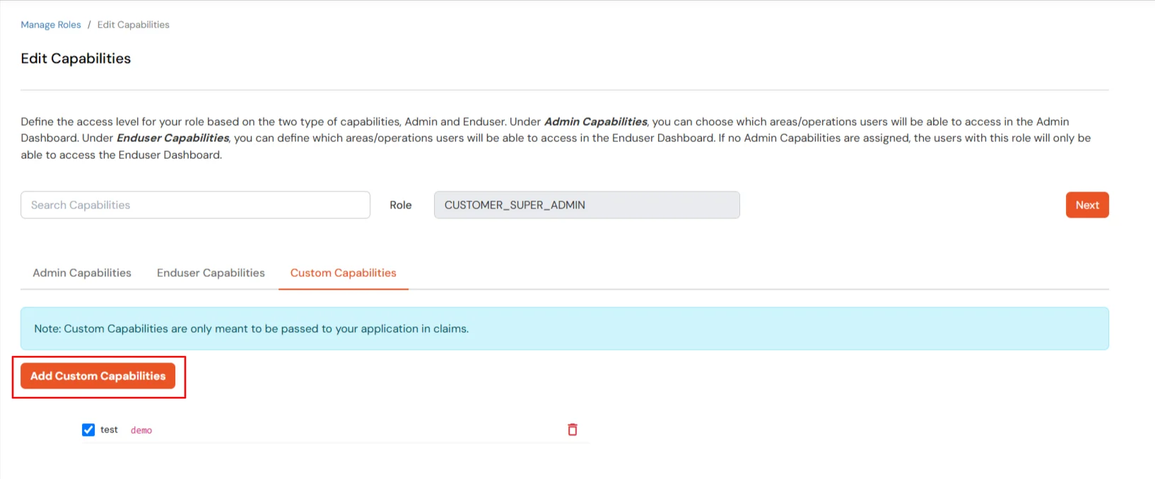 miniOrange Identity Platform Partner Portal Handbook: Create a new role with specific capabilities