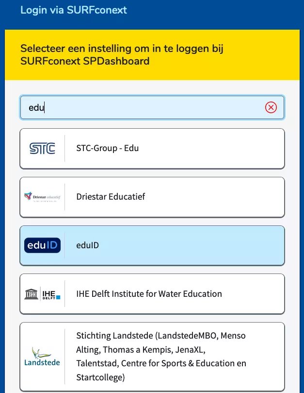  SURFconext SSO Login -Select IdP 