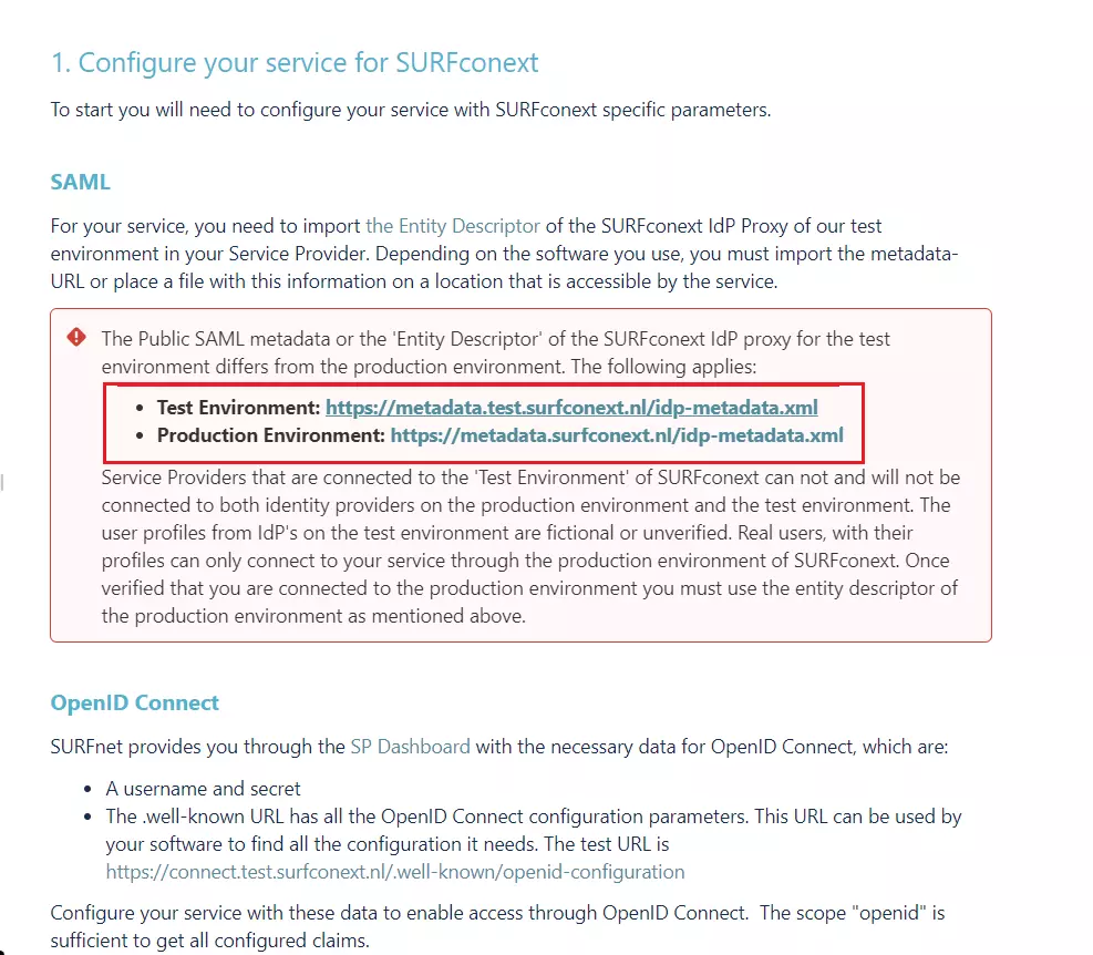 SURFconext SSO Login -To fetch IdP Metadata